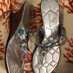 Cole Haan silver leather sandals w turquoise.